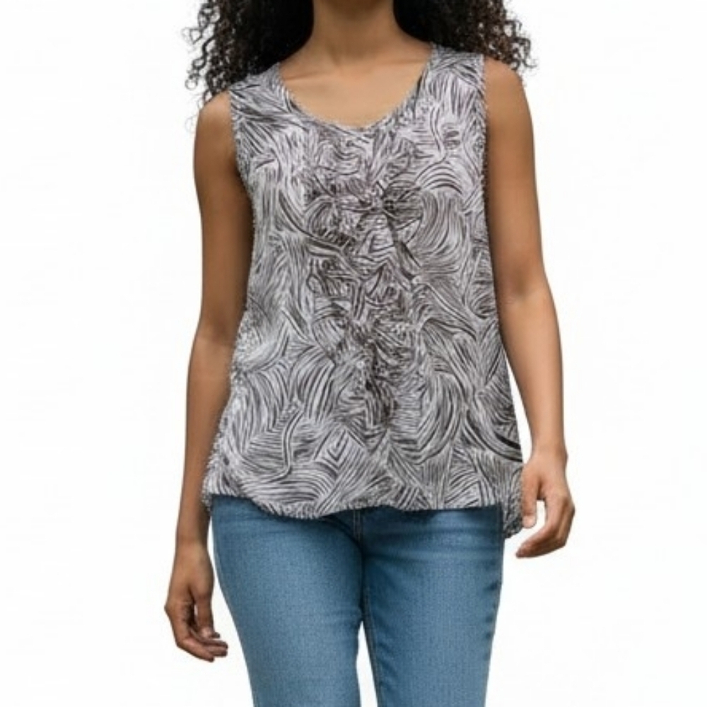 Chicos Tank Top Women Size 2 L 12 Lightweight Ruffled Front Lined Swirls Brown